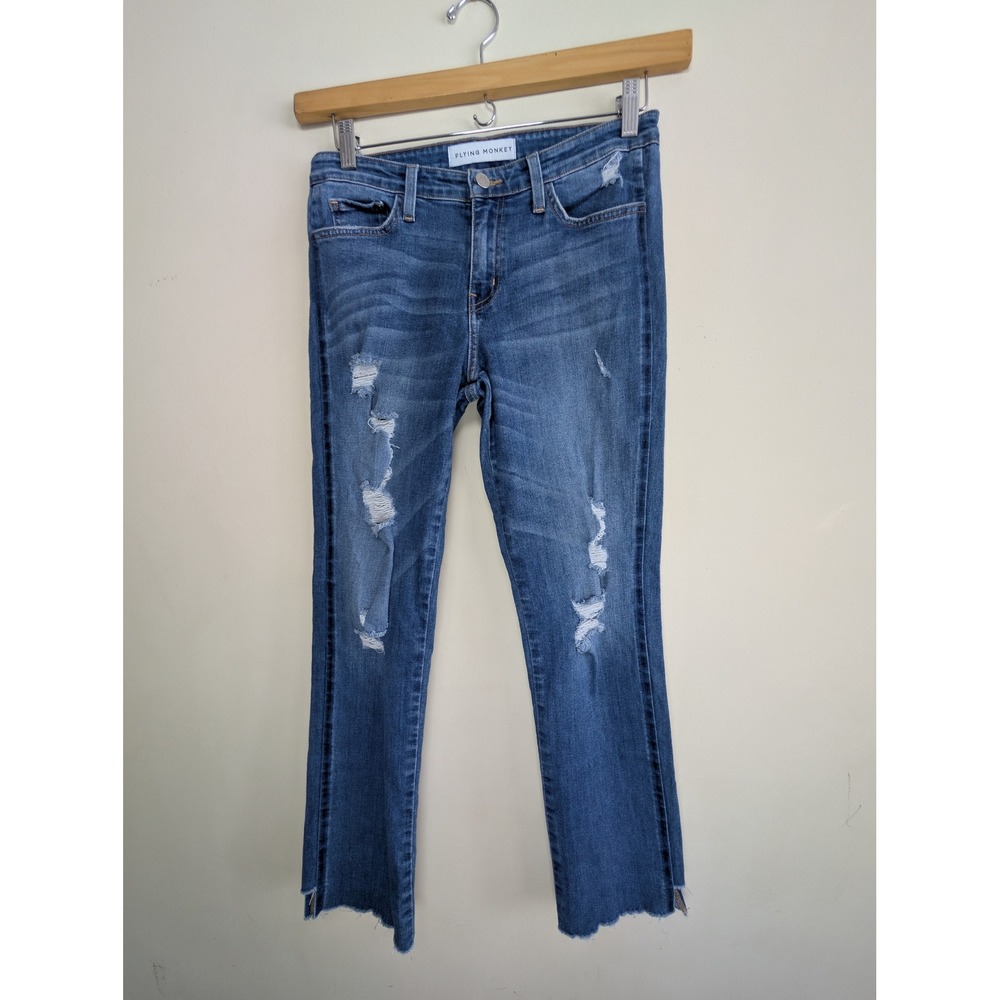 FLYING MONKEY DISTRESSED STRAIGHT‎ CROP JEANS SIZE 28 BLUE RAW HEM Y1787N